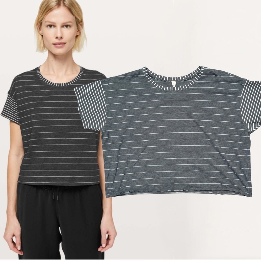 Lululemon Cates Tee Mesh Striped Cropped T-Shirt Black White Size 6
